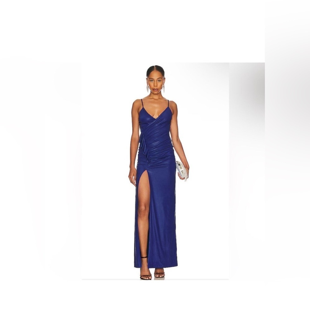 NBD Revolve Fiana Maxi slip Gown High Slit Dress Latex Blend Size S Navy Blue
